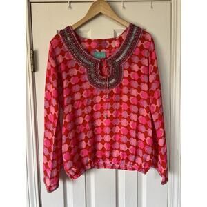 Taj by Sabrina Crippa Beaded Abstract Pink Silk Blouse Top Medium NWOT